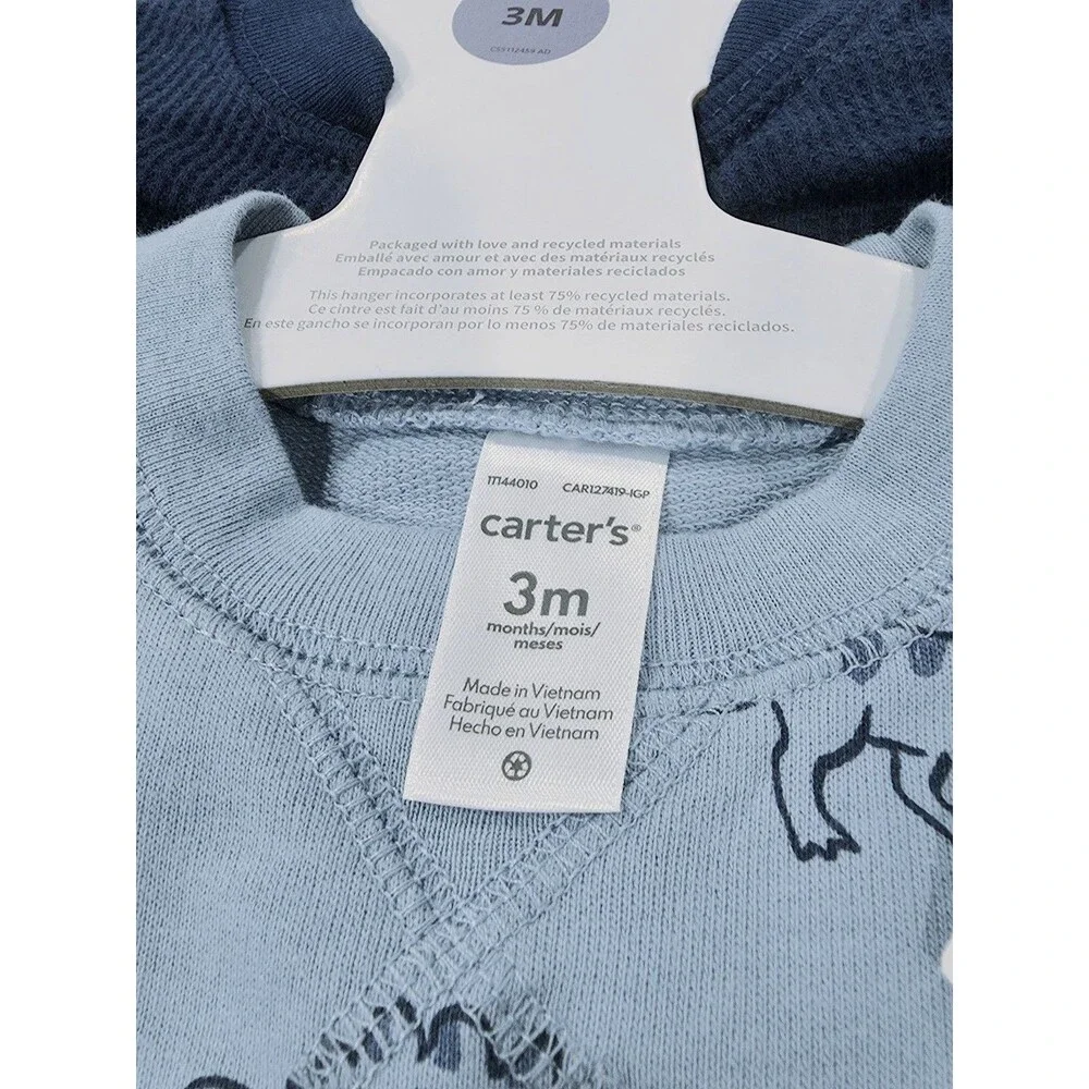 Carter's Baby Boy 2-pack Cotton Snap Jumpsuits Navy Blue Dinosaur Print Size 3M